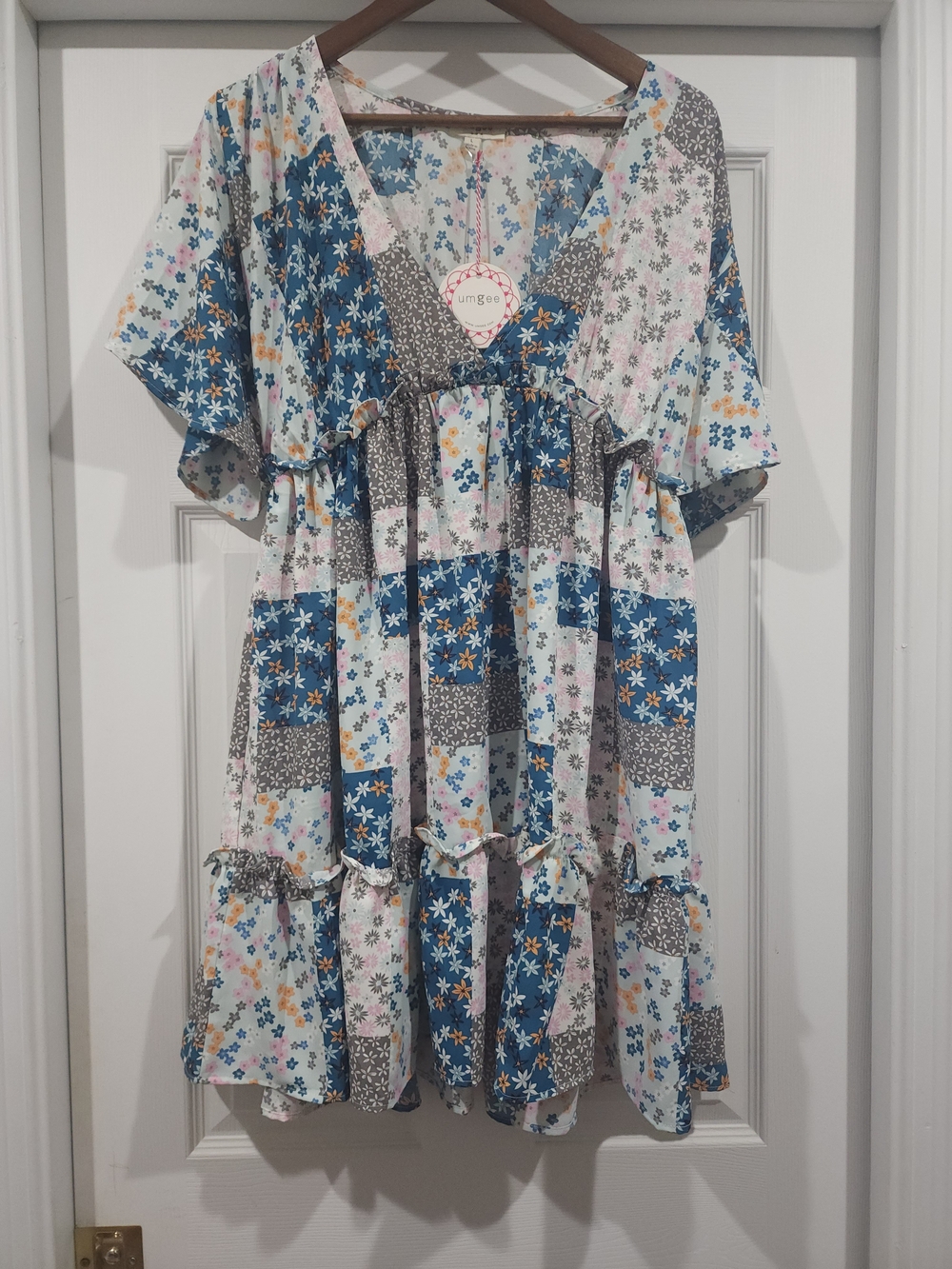 Umgee Patchwork Floral Tiered Dress in Blue, Pink and Gray